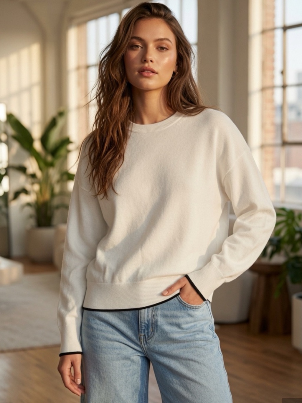Madewell Merino Wool Pullover Sweater Ivory With Black Contrast Hem